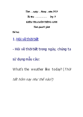Đề kiểm tra nói môn Tiếng Anh Lớp 9 năm 2019